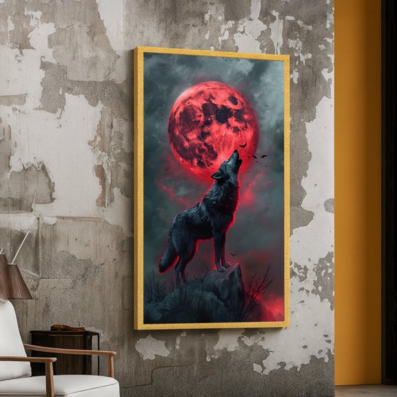 Howling Wolf With Moon Gothic Fantasy Night Scene Dark Forest Decoration Mystical Animal Poster , Poster Print Only