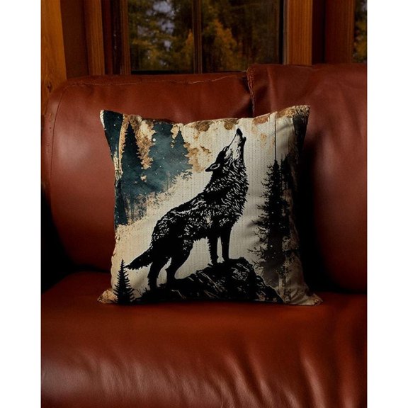 Howling Wolf and Evergreen Forest Black, Cream and Dark Teal Double-Sided Woven Throw Pillow, 17 x 18 in