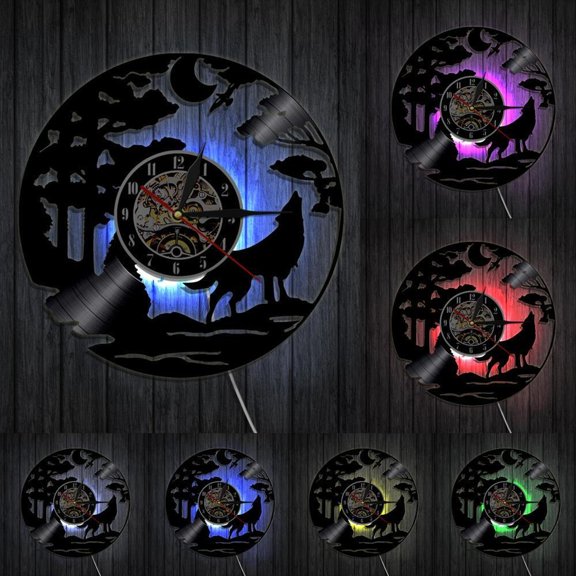 Howling Wolf at Moon Wall Art Decor Wall Clock Vinyl Record Wall Clock Wildlife Forest Wolf Wall Sign Vinyl Record Timepiece With LED