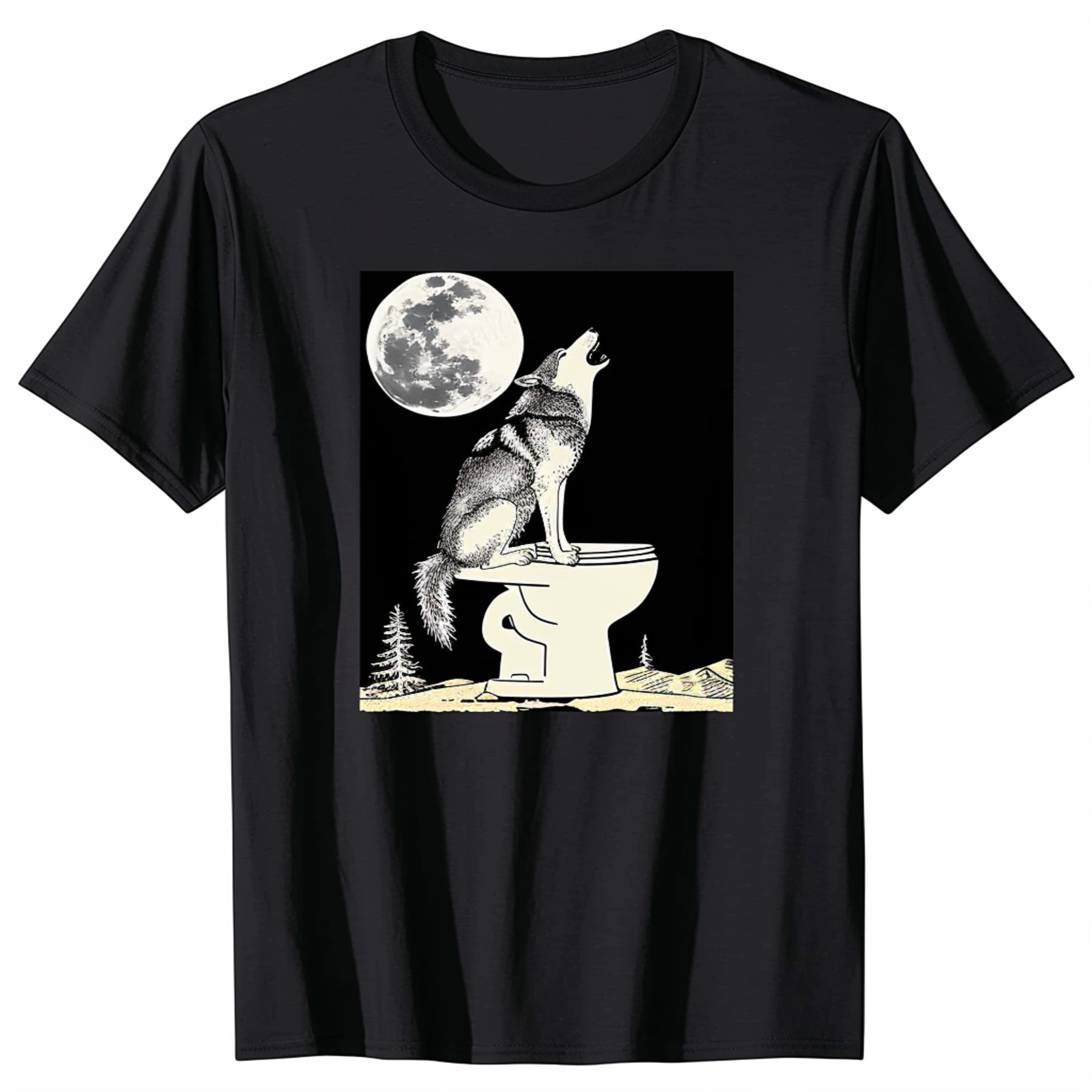 Howling Wolf on Toilet Moon Vector Graphic Black T Shirt Funny Animal ...