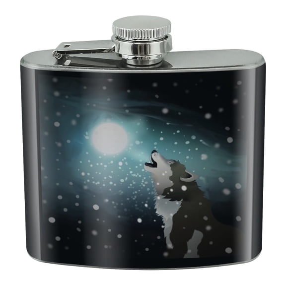 Howling Wolf with Moon and Snow Stainless Steel 5oz Hip Drink Kidney Flask