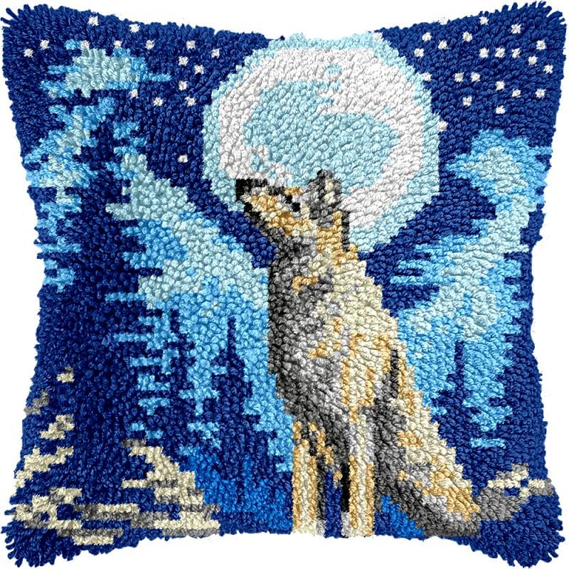 Howling WolfLatch Hook Pillow Kits Cushion Pillowcase with Pattern Printed Canvas Sofa Hooking Pillows Crafts Embroidery Latch Hooking Crochet Kits 17x17 inch(5)