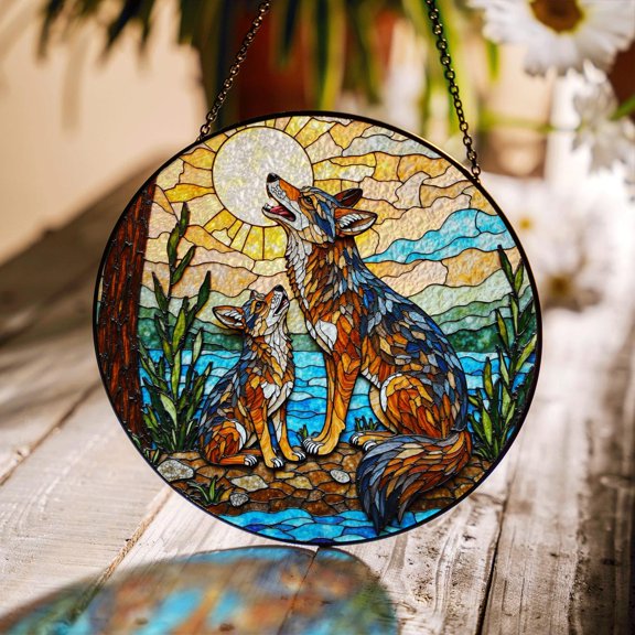 Howling Wolves Glass Art Round Suncatcher, Wildlife Decor, 6.3 in