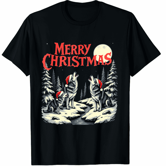 Howling Wolves Merry Christmas Holiday Design T-Shirt for Men Women