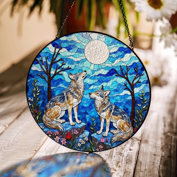 Howling Wolves Moonlight Forest Glass Suncatcher, Wildlife Lovers, 6.3 in