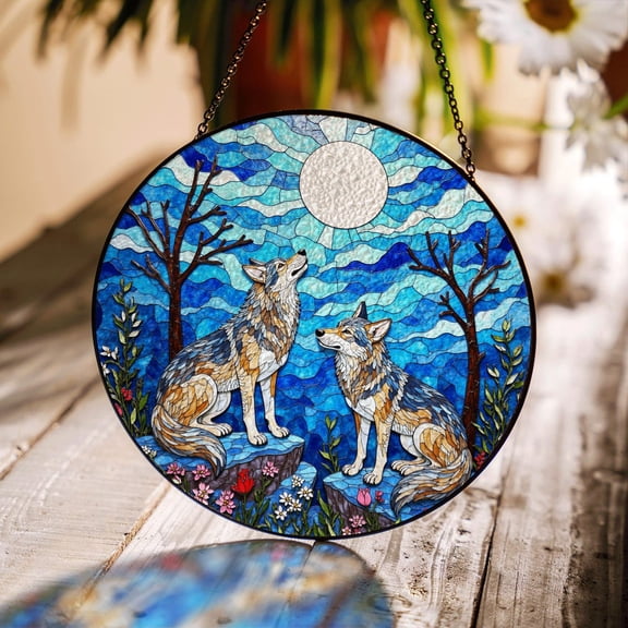 Howling Wolves Moonlight Glass Suncatcher v3, Wildlife Window Art, Nature Lover, 7.9 in