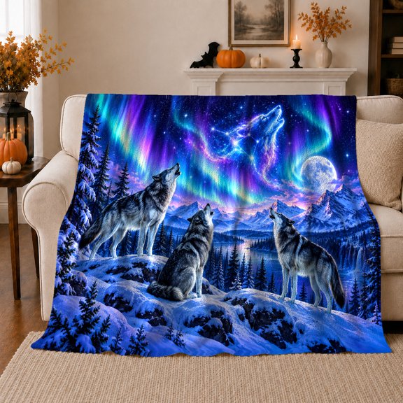 Howling Wolves Northern Lights Wilderness, Peaceful Mountain Lake Scene, Warm Flannel Blanket for Cabin and Lodge, Outdoor Lovers Camping Gift, Rustic Home Decor