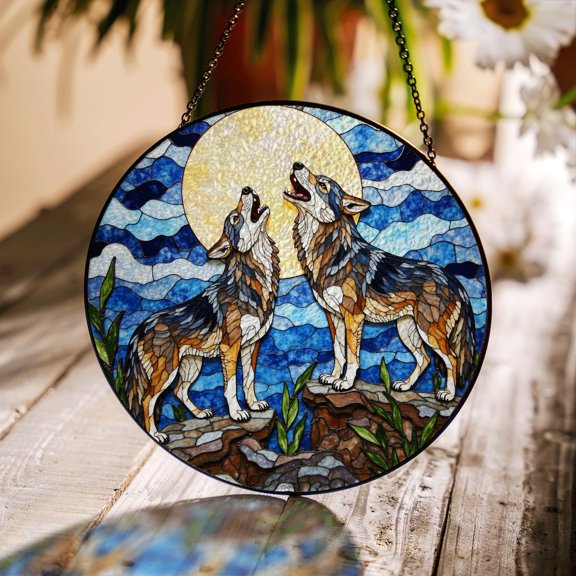 Howling Wolves Under Full Moon Glass Suncatcher, Wildlife Art, 7.9 in