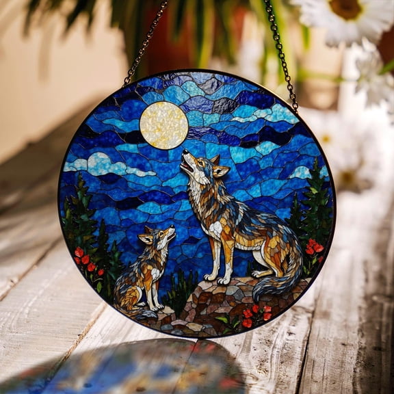 Howling Wolves Under Moonlight Glass Suncatcher, Window Decor Wildlife, 7.9 in