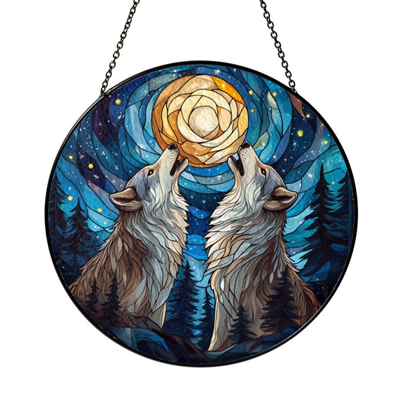 Howling Wolves Under Moonlight Stained Glass Style Window Hanging Suncatcher, Dramatic Wildlife Nature Decor Gift