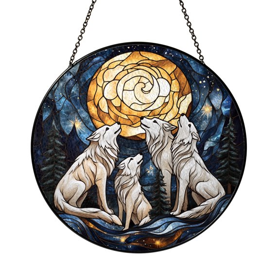 Howling Wolves Under Moonlight Stained Glass Suncatcher – Window Decor