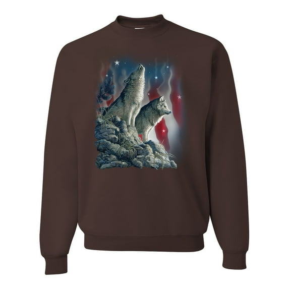 Howling Wolves into the Night Sky with Stars and Stripes | Mens Animal Lover Crewneck Graphic Sweatshirt, Brown, 2XL