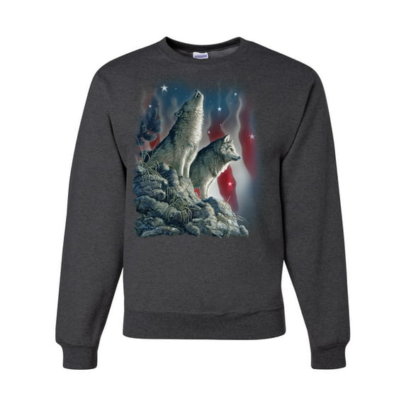 Howling Wolves into the Night Sky with Stars and Stripes | Mens Animal Lover Crewneck Graphic Sweatshirt, Heather Black, Large