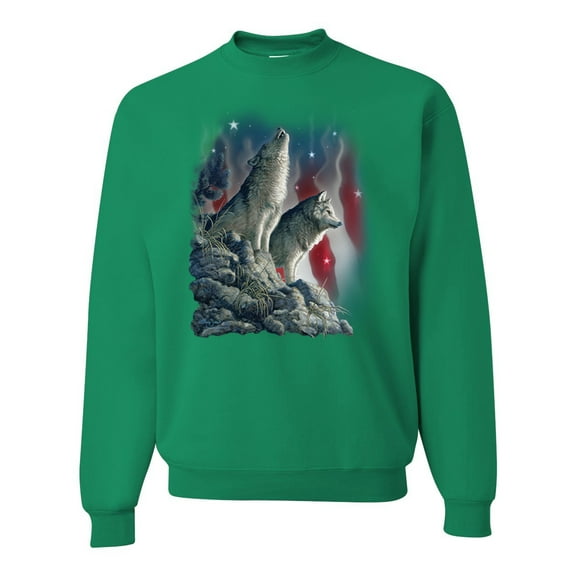 Howling Wolves into the Night Sky with Stars and Stripes | Mens Animal Lover Crewneck Graphic Sweatshirt, Kelly, Medium