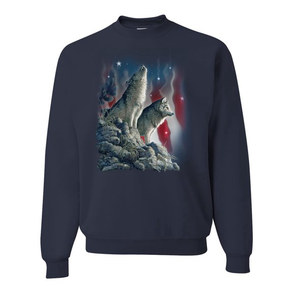 Howling Wolves into the Night Sky with Stars and Stripes | Mens Animal Lover Crewneck Graphic Sweatshirt, Navy, 2XL