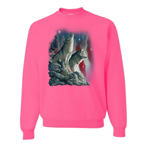 Howling Wolves into the Night Sky with Stars and Stripes | Mens Animal Lover Crewneck Graphic Sweatshirt, Neon Pink, Medium
