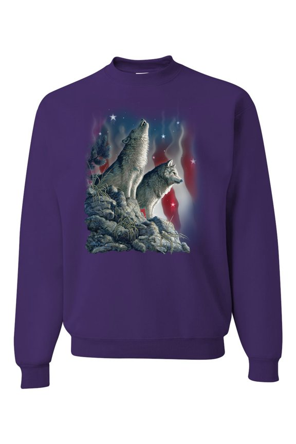 Howling Wolves into the Night Sky with Stars and Stripes | Mens Animal Lover Crewneck Graphic Sweatshirt, Purple, Medium