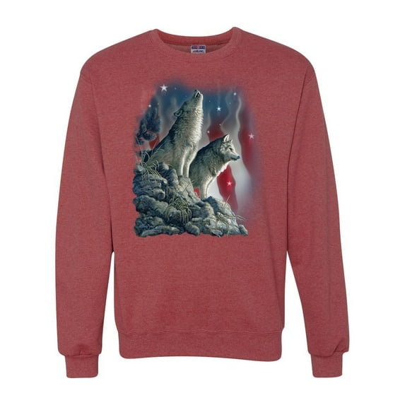 Howling Wolves into the Night Sky with Stars and Stripes | Mens Animal Lover Crewneck Graphic Sweatshirt, Vintage Heather Red, Small