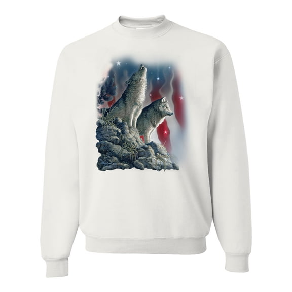 Howling Wolves into the Night Sky with Stars and Stripes | Mens Animal Lover Crewneck Graphic Sweatshirt, White, Large