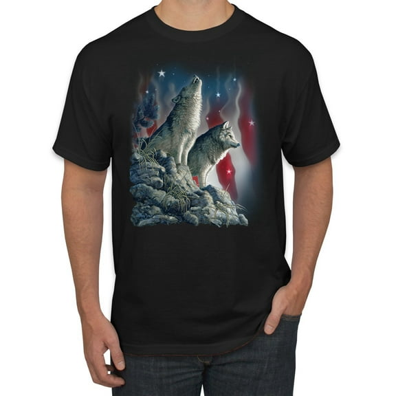 Howling Wolves into the Night Sky with Stars and Stripes | Mens Animal Lover Graphic T-Shirt, Black, Small