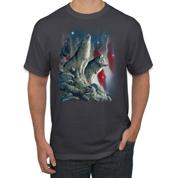 Howling Wolves into the Night Sky with Stars and Stripes | Mens Animal Lover Graphic T-Shirt, Charcoal, Medium