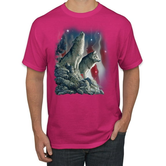 Howling Wolves into the Night Sky with Stars and Stripes | Mens Animal Lover Graphic T-Shirt, Fuschia, 3XL
