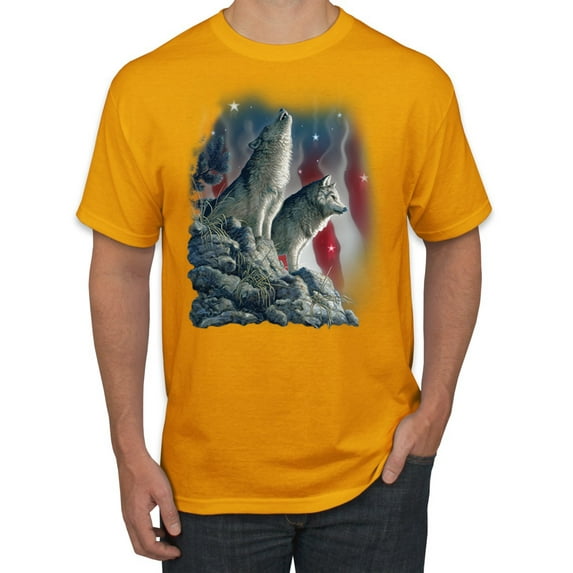 Howling Wolves into the Night Sky with Stars and Stripes | Mens Animal Lover Graphic T-Shirt, Gold, 3XL