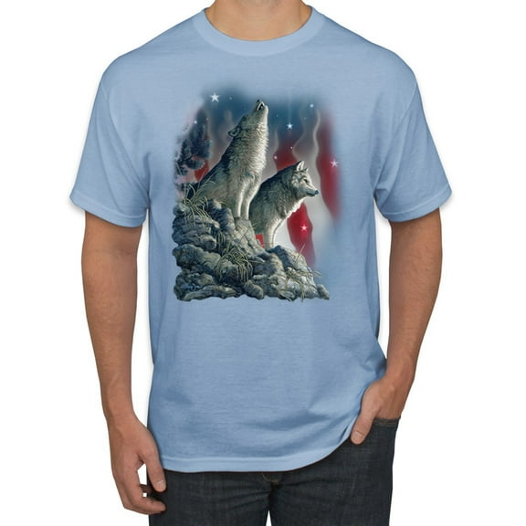 Howling Wolves into the Night Sky with Stars and Stripes | Mens Animal Lover Graphic T-Shirt, Light Blue, 3XL