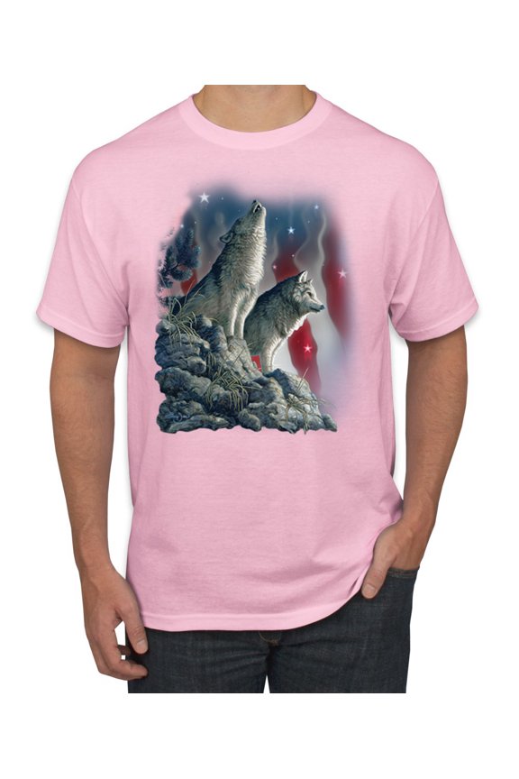 Howling Wolves into the Night Sky with Stars and Stripes | Mens Animal Lover Graphic T-Shirt, Light Pink, Large