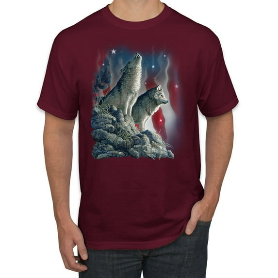 Howling Wolves into the Night Sky with Stars and Stripes | Mens Animal Lover Graphic T-Shirt, Maroon, Small