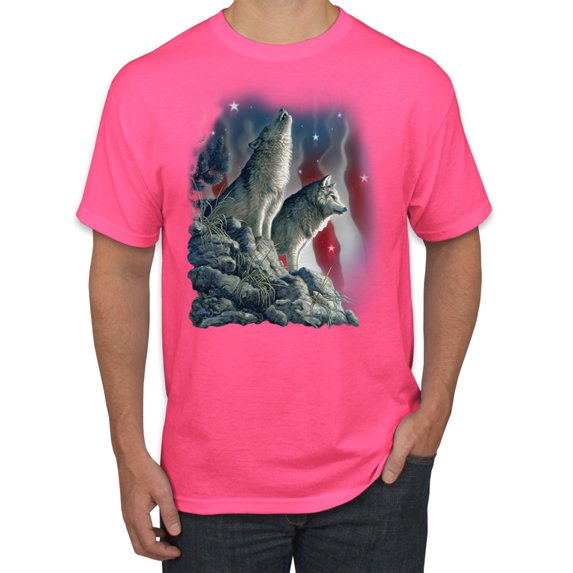 Howling Wolves into the Night Sky with Stars and Stripes | Mens Animal Lover Graphic T-Shirt, Neon Pink, 2XL