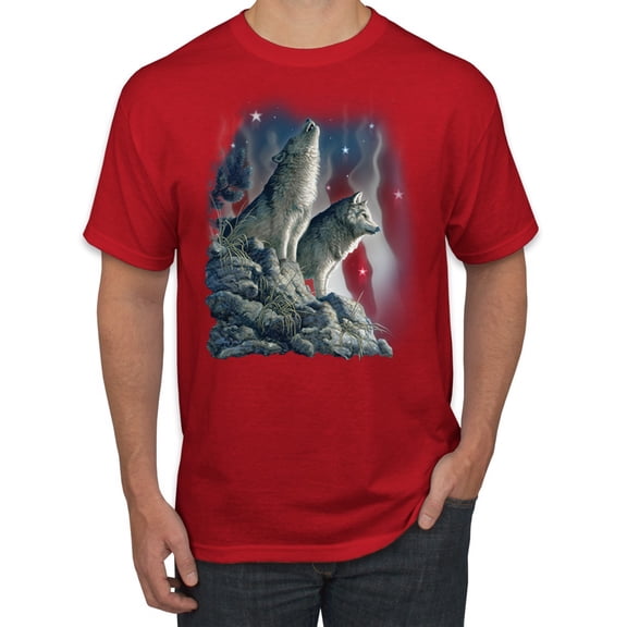 Howling Wolves into the Night Sky with Stars and Stripes | Mens Animal Lover Graphic T-Shirt, Red, Small