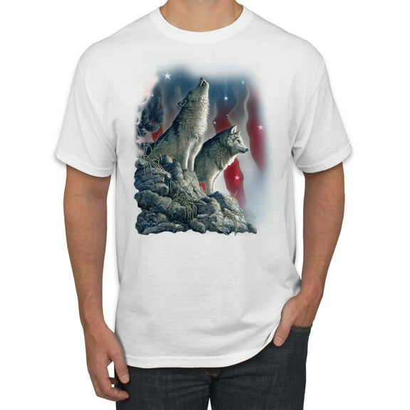 Howling Wolves into the Night Sky with Stars and Stripes | Mens Animal Lover Graphic T-Shirt, White, 3XL