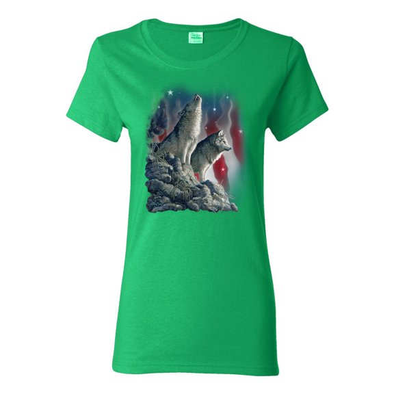 Howling Wolves into the Night Sky with Stars and Stripes | Womens Animal Lover Graphic T-Shirt, Kelly, Medium
