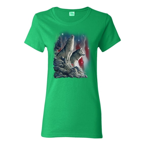 Howling Wolves into the Night Sky with Stars and Stripes | Womens Animal Lover Graphic T-Shirt, Kelly, Small