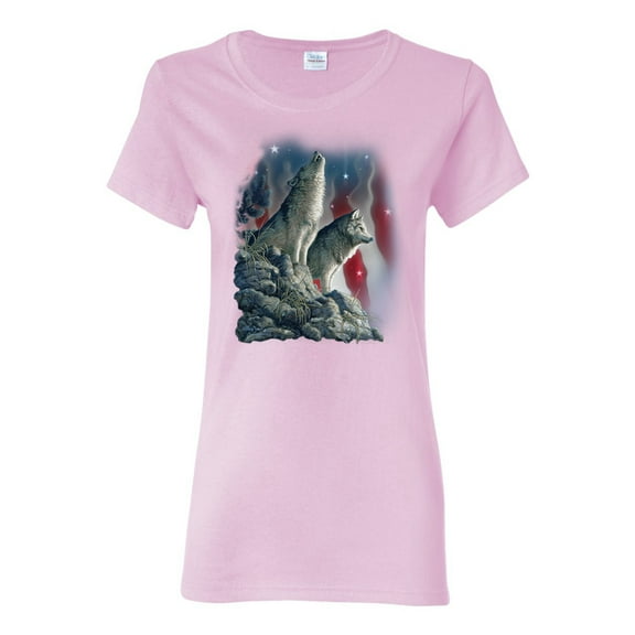 Howling Wolves into the Night Sky with Stars and Stripes | Womens Animal Lover Graphic T-Shirt, Light Pink, Medium