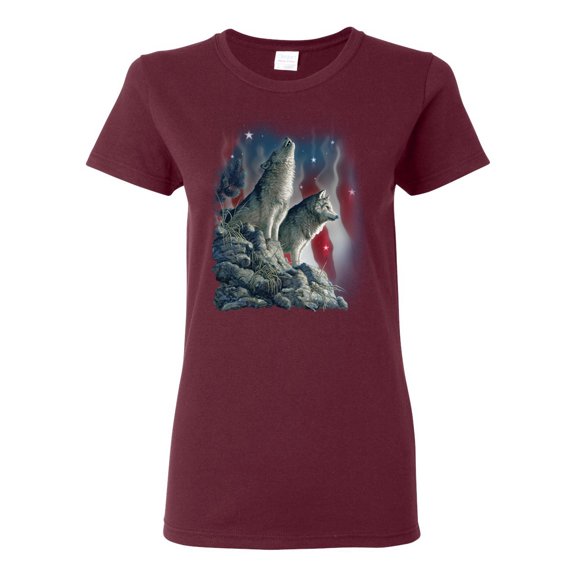 Howling Wolves into the Night Sky with Stars and Stripes | Womens Animal Lover Graphic T-Shirt, Maroon, Medium