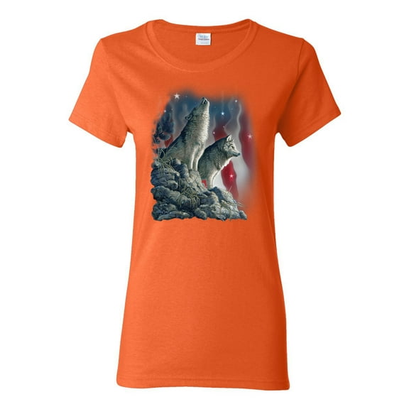 Howling Wolves into the Night Sky with Stars and Stripes | Womens Animal Lover Graphic T-Shirt, Orange, Large