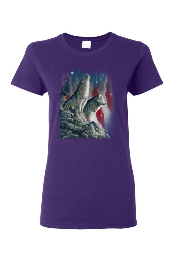 Howling Wolves into the Night Sky with Stars and Stripes | Womens Animal Lover Graphic T-Shirt, Purple, Small