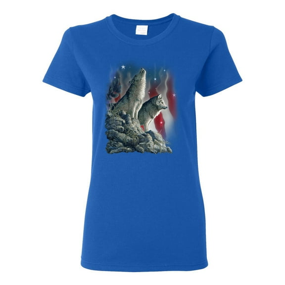 Howling Wolves into the Night Sky with Stars and Stripes | Womens Animal Lover Graphic T-Shirt, Royal, Medium