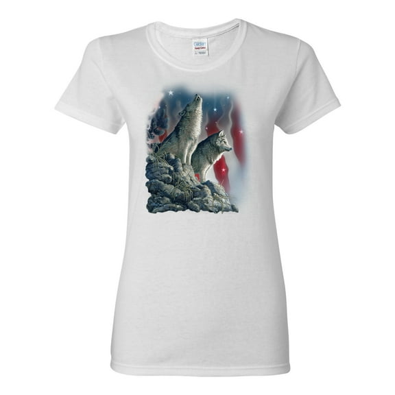 Howling Wolves into the Night Sky with Stars and Stripes | Womens Animal Lover Graphic T-Shirt, White, Large