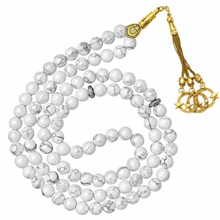 Howlite Crystal Tasbeeh Prayer Beads, Muslim Islamic Tasbih for Dhikr, Namaz and Ramadan Gift (Golden)