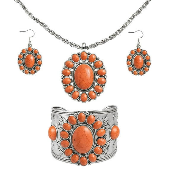 Howlite Jewelry Sets for Women - Turquoise Inspired Western Cowgirl Accessories - Statement Boho Necklace Earrings & Cuff Bracelet Set Beach Necklaces Costume Jewelry Orange Christmas Gifts