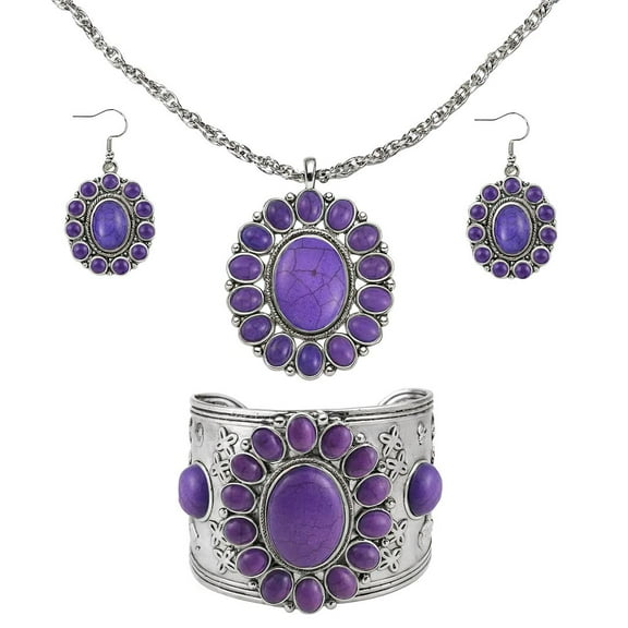 Howlite Women's Jewelry Set - Turquoise Inspired Western Cowgirl Accessories - Chunky Necklace Earrings & Cuff Bracelet Set Southwestern Statement Necklaces Costume - Purple Christmas Gifts