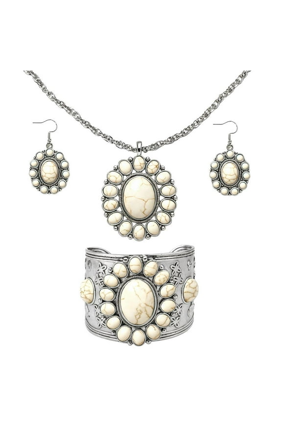 Howlite Jewelry Sets for Women - Turquoise Inspired Western Cowgirl Accessories - Statement Boho Necklace Earrings & Cuff Bracelet Set Beach Necklaces Costume Jewelry Christmas Gifts