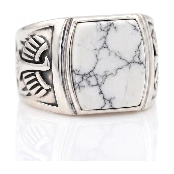 Howlite Men's Ring, 925 Sterling Silver Ring, Natural gemstone disc Signet Ring, Vintage Ring For Men, Gift For Him