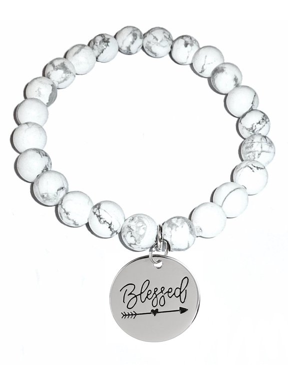 Howlite Natural White Stone Women's Stretch Beaded Bracelet, Inspirational Message Charm (Blessed)