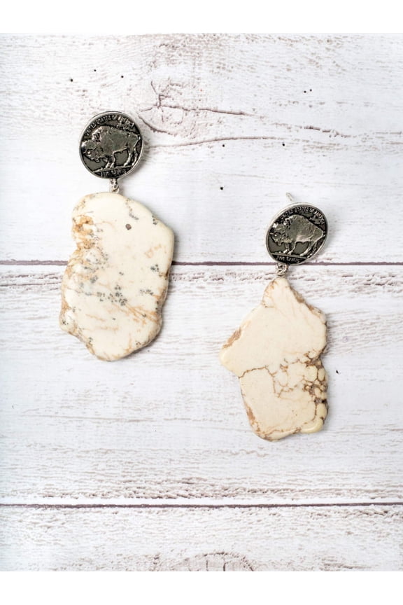 Howlite Rock Slab With Buffalo Nickel Coin Fashion Earrings
