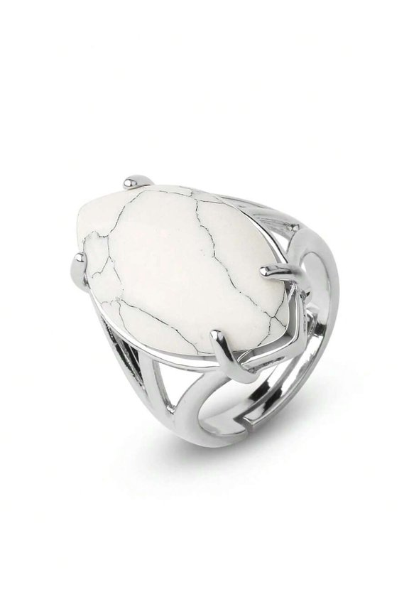 Howlite Statement Ring G574 Silvertone Adjustable Oval Natural Stone Ring