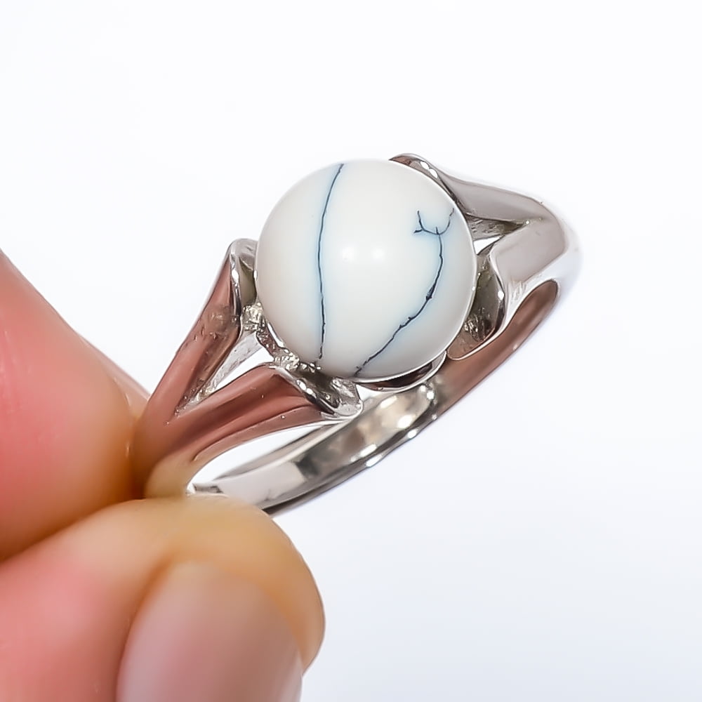 Howlite - Usa 925 Sterling Silver White Rhodium Plated Ring Size Adjustable (40), Christmas Sale, Birthday Gift, Beautiful Jewelry For Woman